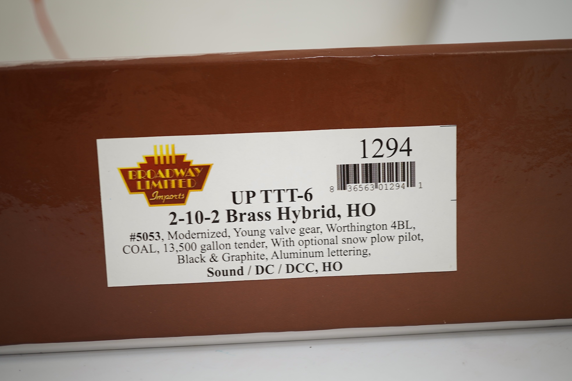 A boxed HO gauge Broadway Limited Paragon Series (1294) model of Union Pacific TTT-6, 5053, 2-10-2 locomotive with bogie tender, powered for two rail operation.